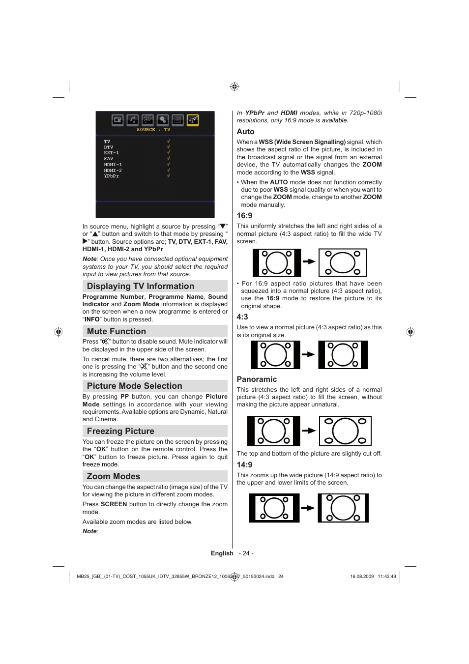 Displaying tv information, Mute function, Picture mode selection | Freezing picture, Zoom modes | Technika LCD32-209V User Manual | Page 25 / 30
