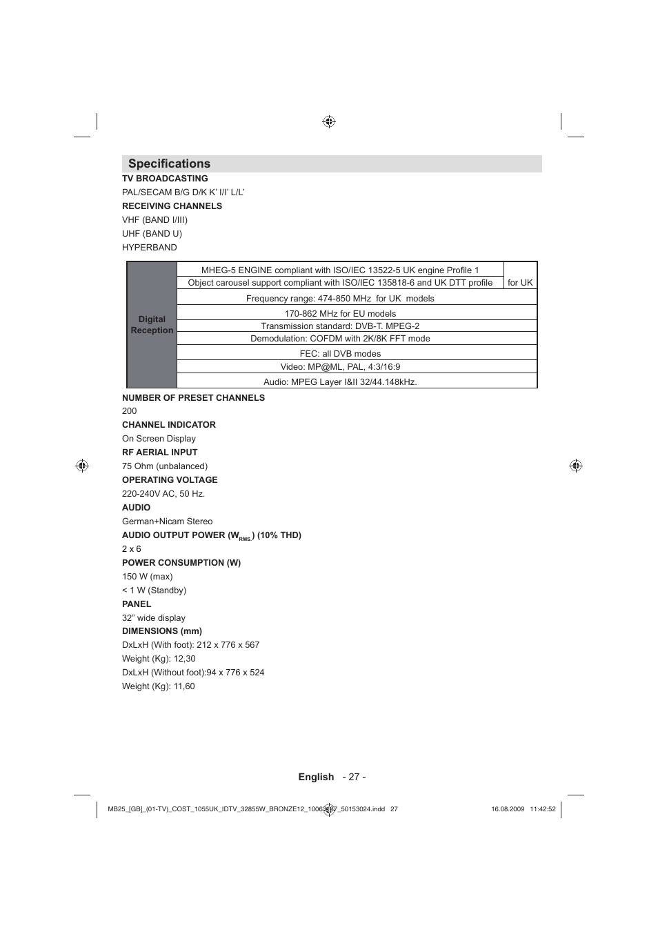 Specifi cations | Technika LCD32-209V User Manual | Page 28 / 30