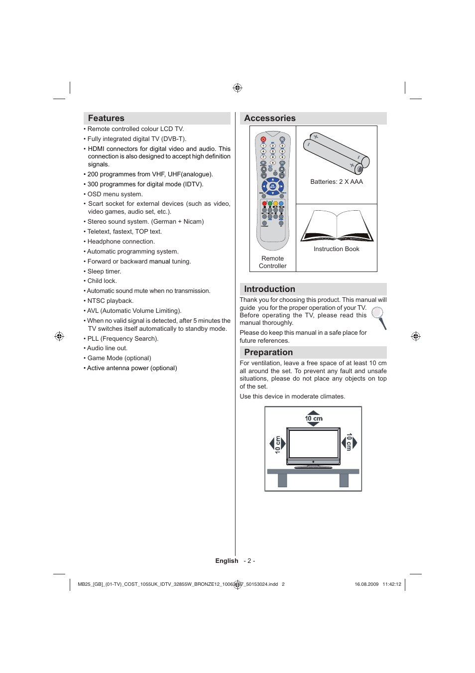 Features, Accessories, Introduction | Preparation, English - 2 | Technika LCD32-209V User Manual | Page 3 / 30