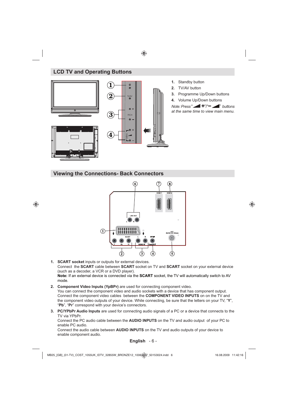 Lcd tv and operating buttons, Viewing the connections- back connectors | Technika LCD32-209V User Manual | Page 7 / 30