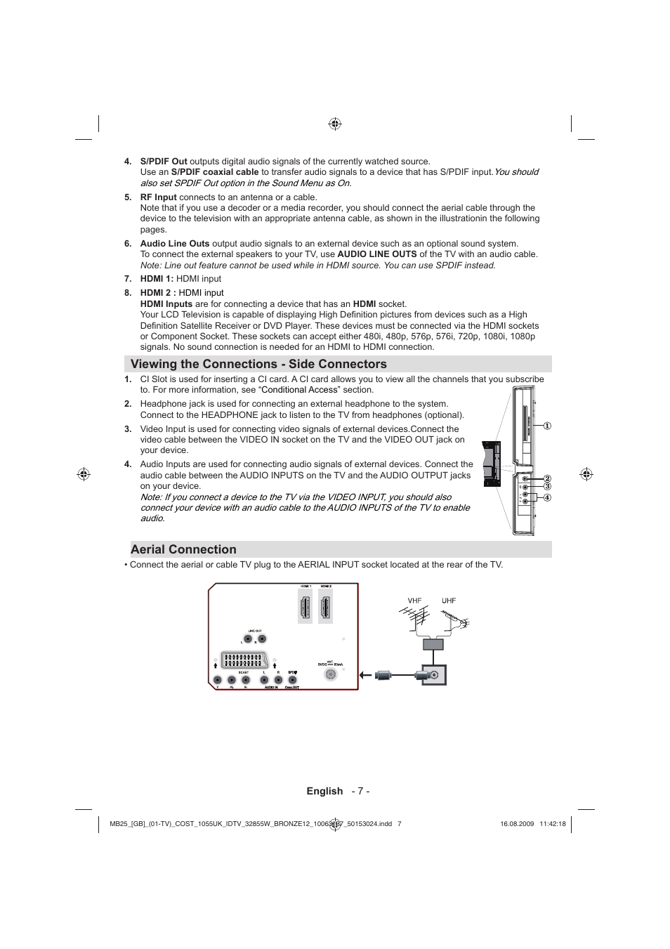 Viewing the connections - side connectors, Aerial connection | Technika LCD32-209V User Manual | Page 8 / 30