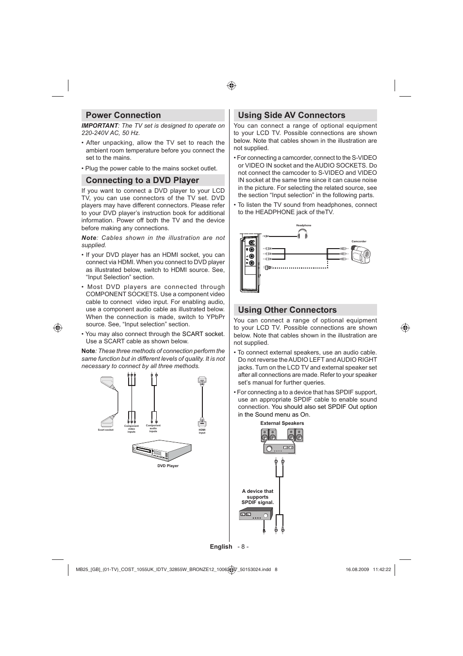 Power connection, Connecting to a dvd player, Using side av connectors | Using other connectors | Technika LCD32-209V User Manual | Page 9 / 30