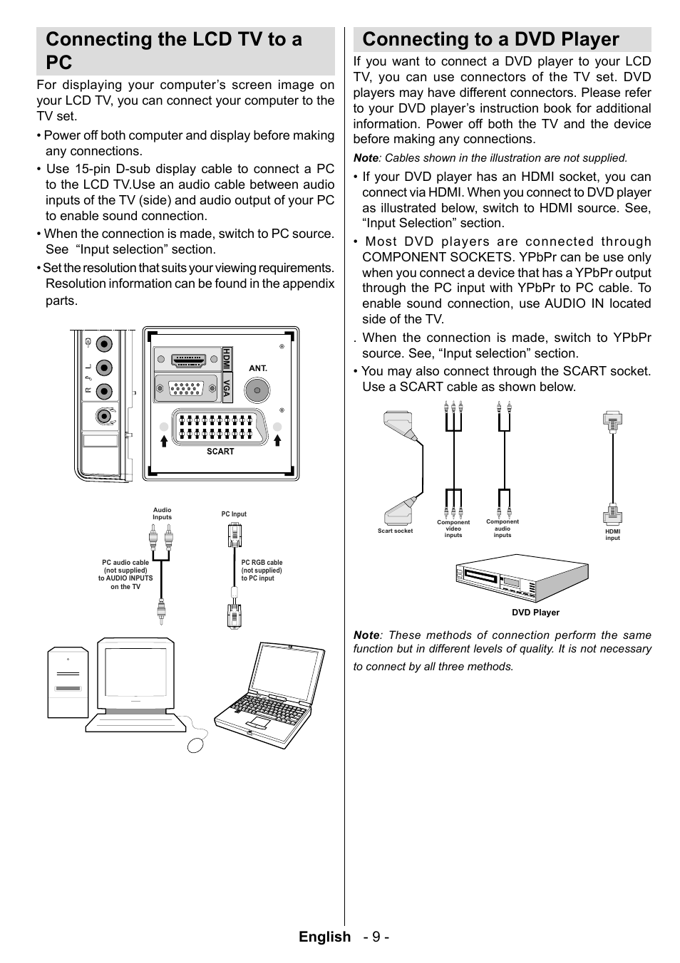 Connecting the lcd tv to a pc, Connecting to a dvd player, English - 9 | Technika LCD19-915 User Manual | Page 10 / 39