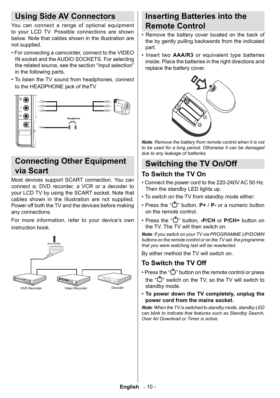 Using side av connectors, Connecting other equipment via scart, Inserting batteries into the remote control | Switching the tv on/off | Technika LCD19-915 User Manual | Page 11 / 39