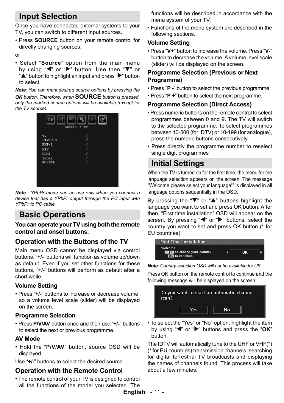 Input selection, Basic operations, Initial settings | Technika LCD19-915 User Manual | Page 12 / 39