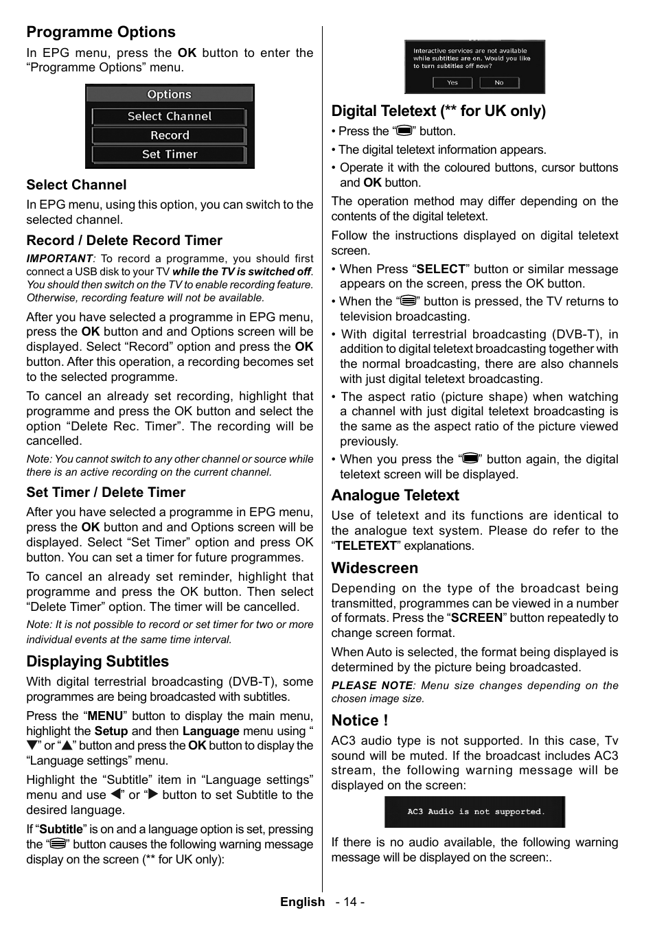 Programme options, Displaying subtitles, Digital teletext (** for uk only) | Analogue teletext, Widescreen, Notice | Technika LCD19-915 User Manual | Page 15 / 39