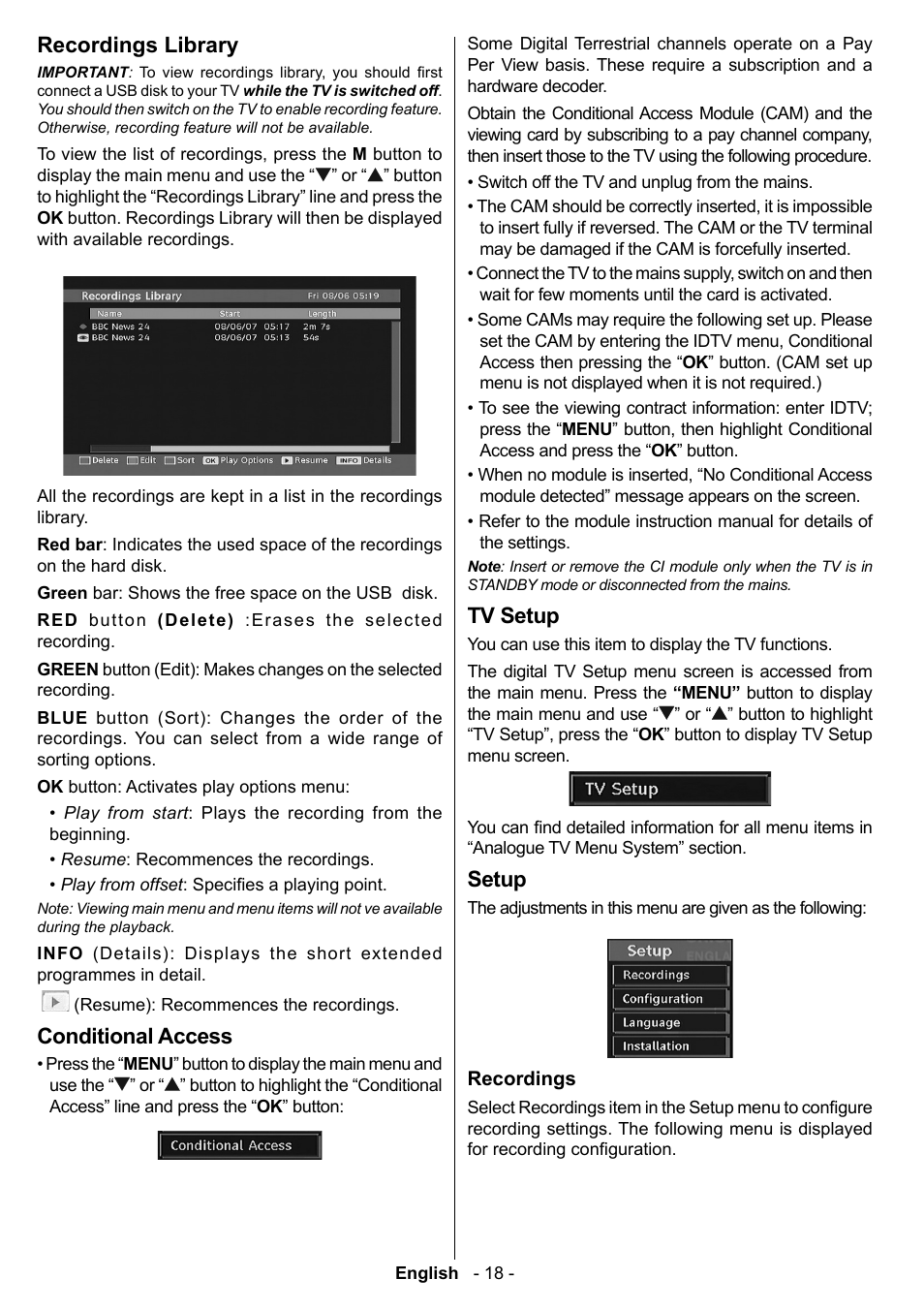 Recordings library, Conditional access, Tv setup | Setup | Technika LCD19-915 User Manual | Page 19 / 39