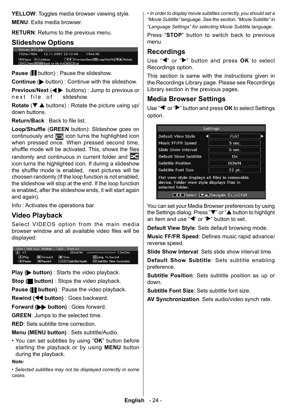 Slideshow options, Video playback, Recordings | Media browser settings | Technika LCD19-915 User Manual | Page 25 / 39