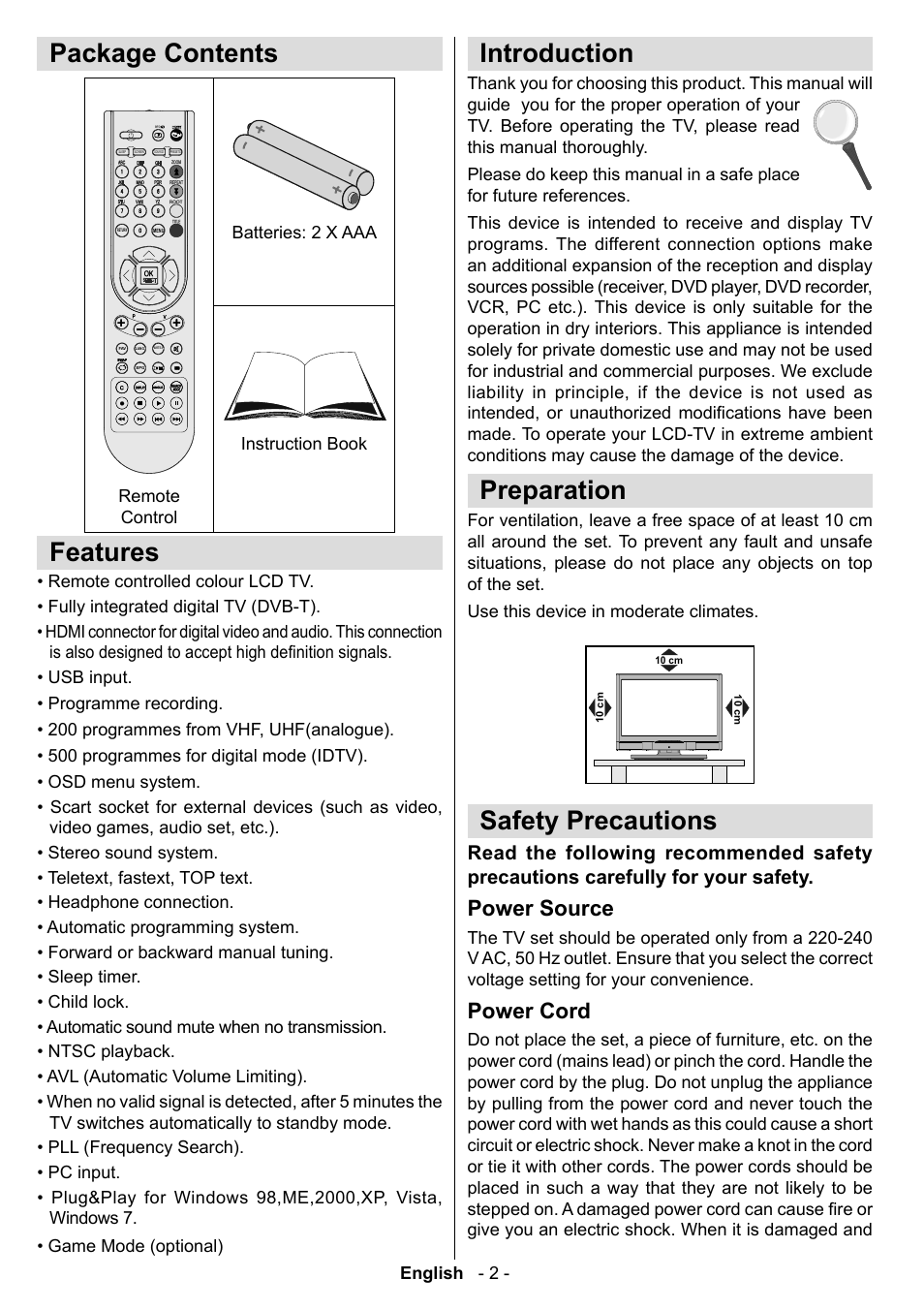 Package contents, Features, Introduction | Preparation, Safety precautions, Power source, Power cord | Technika LCD19-915 User Manual | Page 3 / 39