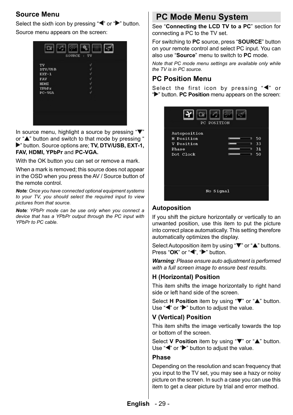 Pc mode menu system | Technika LCD19-915 User Manual | Page 30 / 39