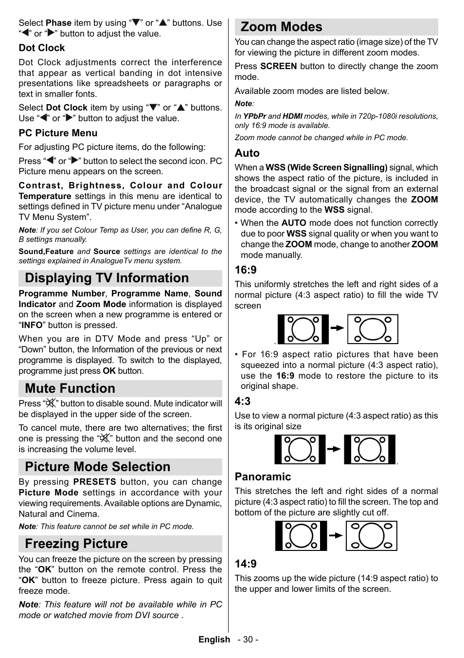 Displaying tv information, Mute function, Picture mode selection | Freezing picture, Zoom modes | Technika LCD19-915 User Manual | Page 31 / 39