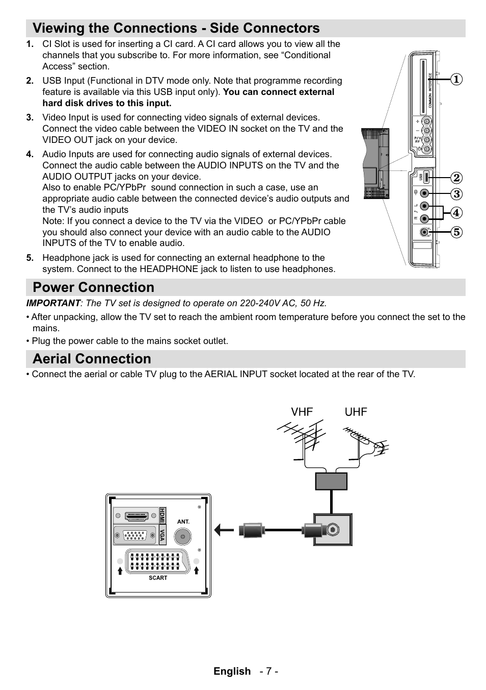 Viewing the connections - side connectors, Power connection, Aerial connection | Technika LCD19-915 User Manual | Page 8 / 39