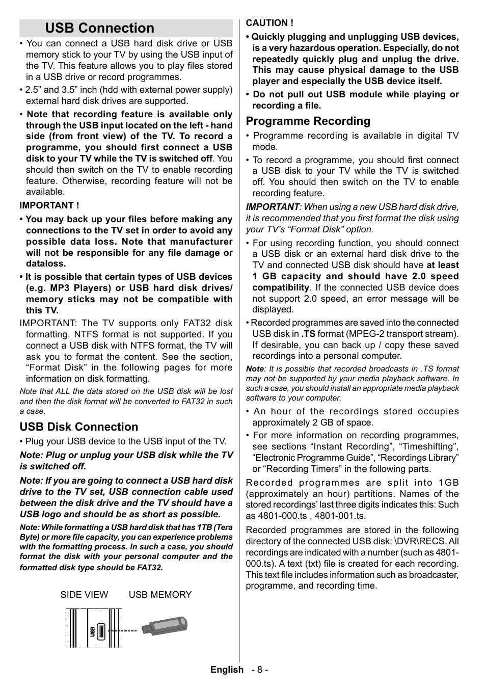 Usb connection, Usb disk connection, Programme recording | Technika LCD19-915 User Manual | Page 9 / 39