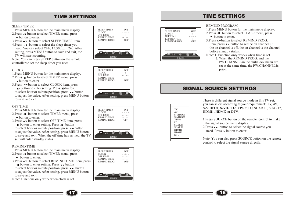 Т³гж 10, Time settings, Time settings 18 | Signal source settings | Technika LCD32-407B User Manual | Page 10 / 17