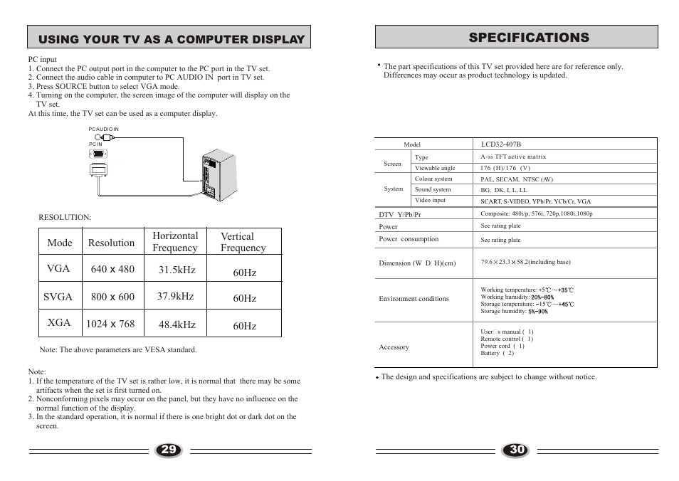 Т³гж 16, Specifications, 29 using your tv as a computer display | Technika LCD32-407B User Manual | Page 16 / 17