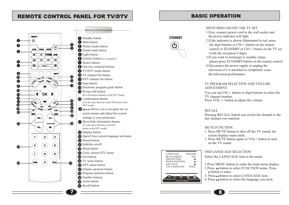 Т³гж 5, Remote control panel for tv/dtv, 8basic operation | Technika LCD32-407B User Manual | Page 5 / 17