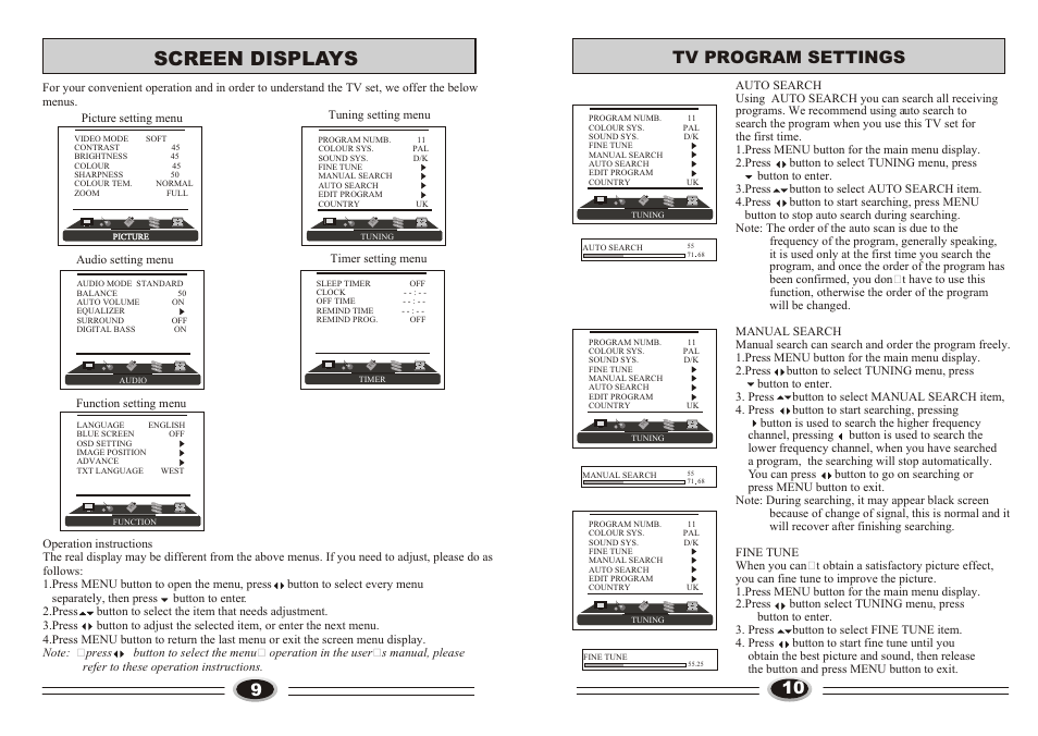 Т³гж 6, Screen displays, Tv program settings | Technika LCD32-407B User Manual | Page 6 / 17