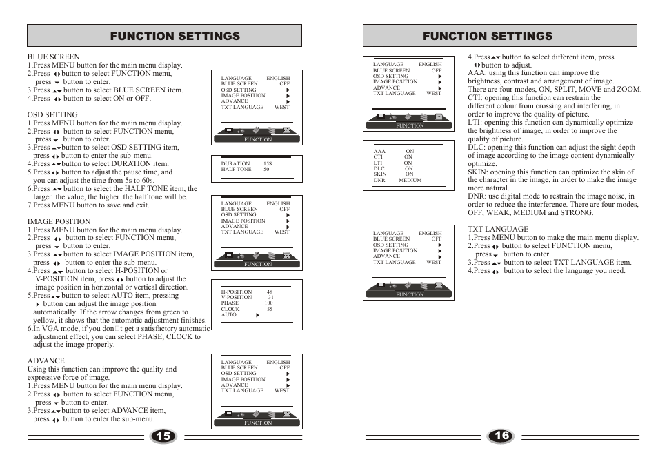 Т³гж8, 15 function settings, 16 function settings | Technika LCD32-407B User Manual | Page 9 / 17