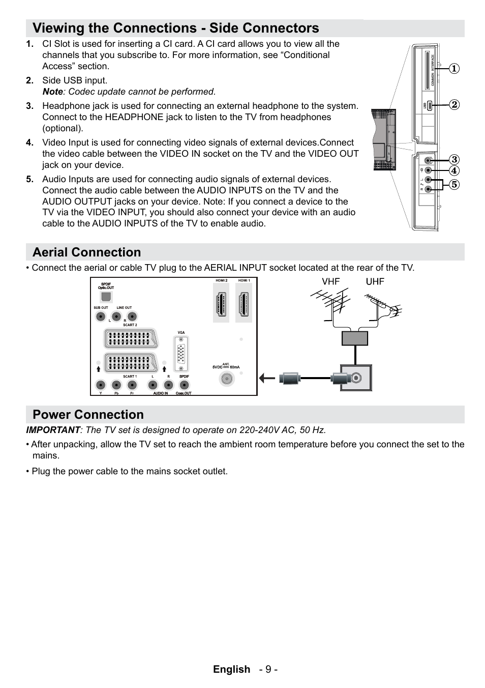 Viewing the connections - side connectors, Aerial connection, Power connection | Technika 42-2020 User Manual | Page 10 / 38