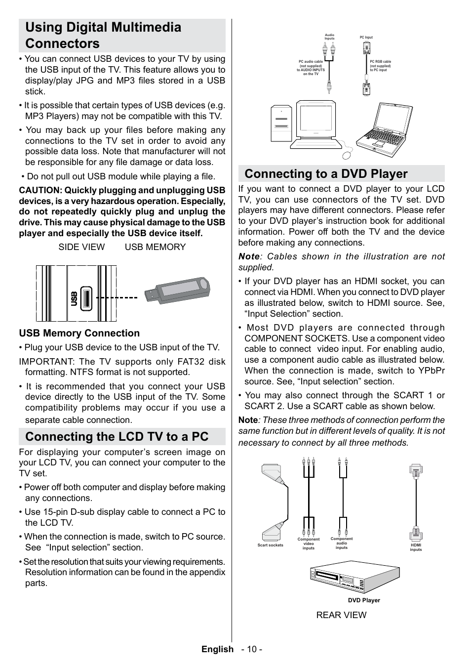 Using digital multimedia connectors, Connecting the lcd tv to a pc, Connecting to a dvd player | Technika 42-2020 User Manual | Page 11 / 38