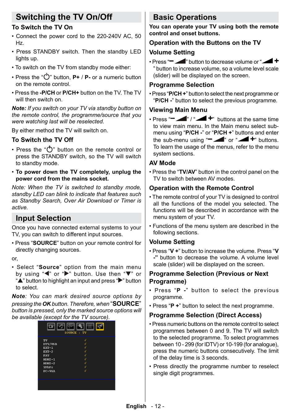 Switching the tv on/off, Input selection, Basic operations | Technika 42-2020 User Manual | Page 13 / 38