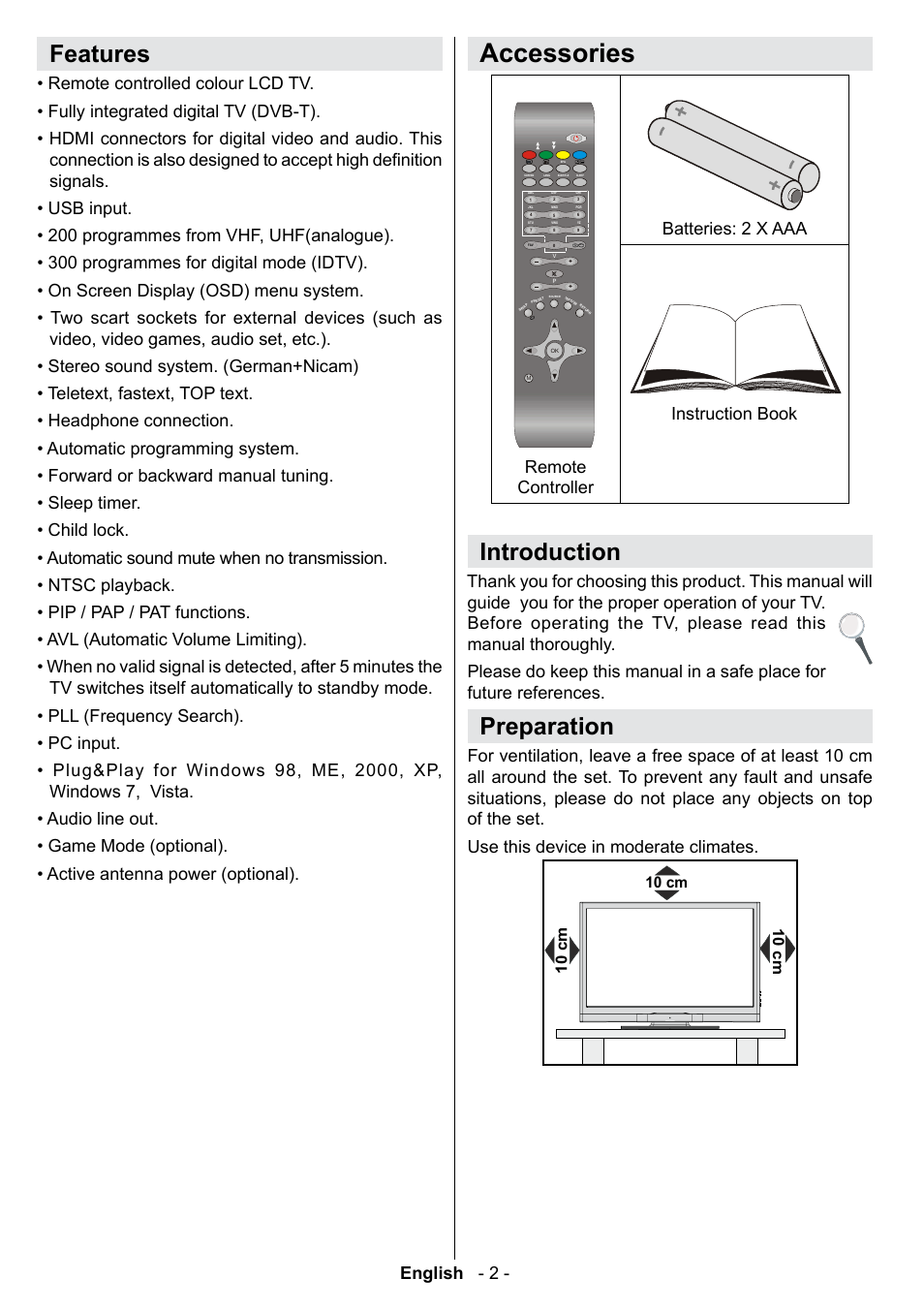 Accessories, Features, Introduction | Preparation, English - 2 | Technika 42-2020 User Manual | Page 3 / 38