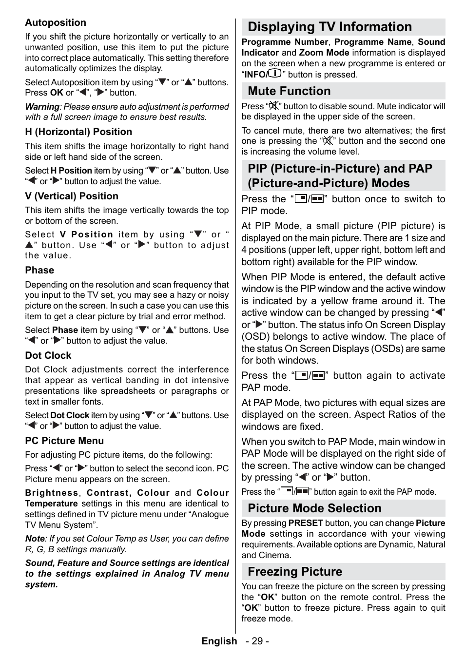 Displaying tv information, Mute function, Picture mode selection | Freezing picture | Technika 42-2020 User Manual | Page 30 / 38