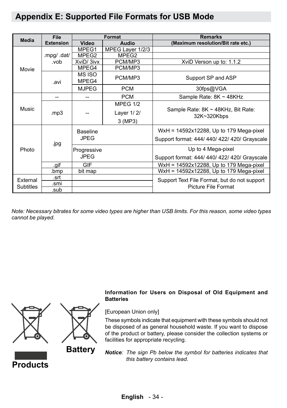 Products battery, Appendix e: supported file formats for usb mode | Technika 42-2020 User Manual | Page 35 / 38