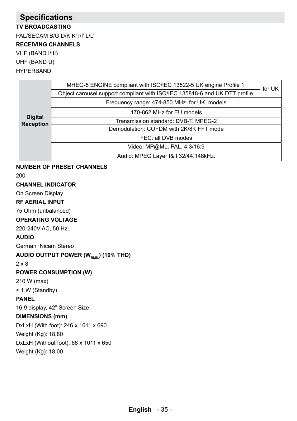 Specifi cations | Technika 42-2020 User Manual | Page 36 / 38