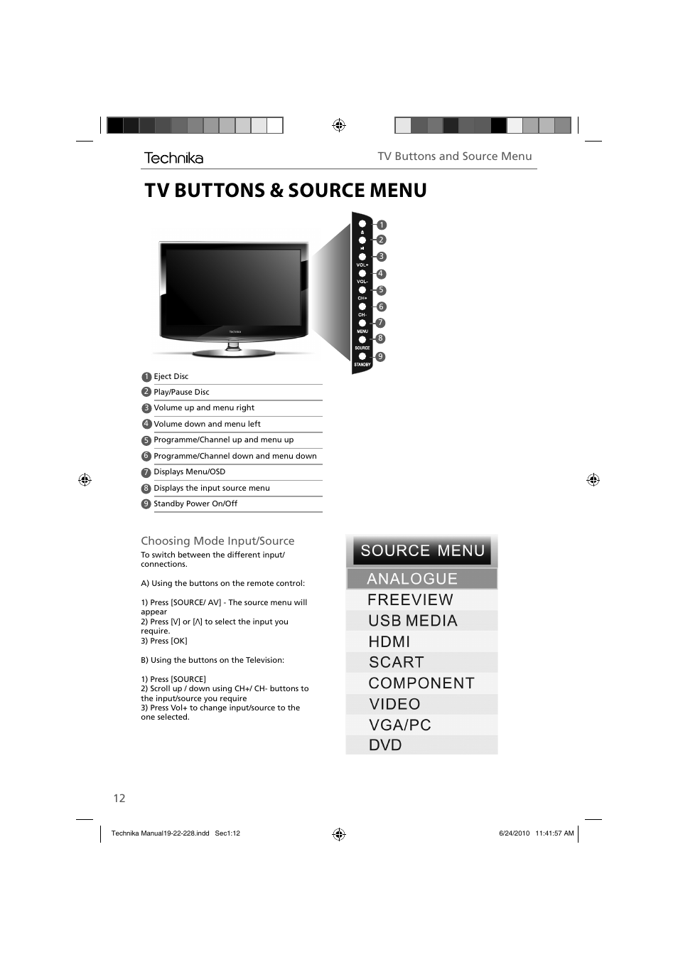 Tv buttons & source menu, Choosing mode input/source, Tv buttons and source menu | Technika 22-228 User Manual | Page 12 / 32