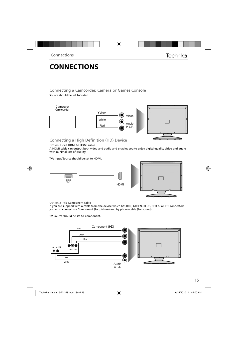 Connections, Connecting a camcorder, camera or games console, Connecting a high deﬁ nition (hd) device | Technika 22-228 User Manual | Page 15 / 32