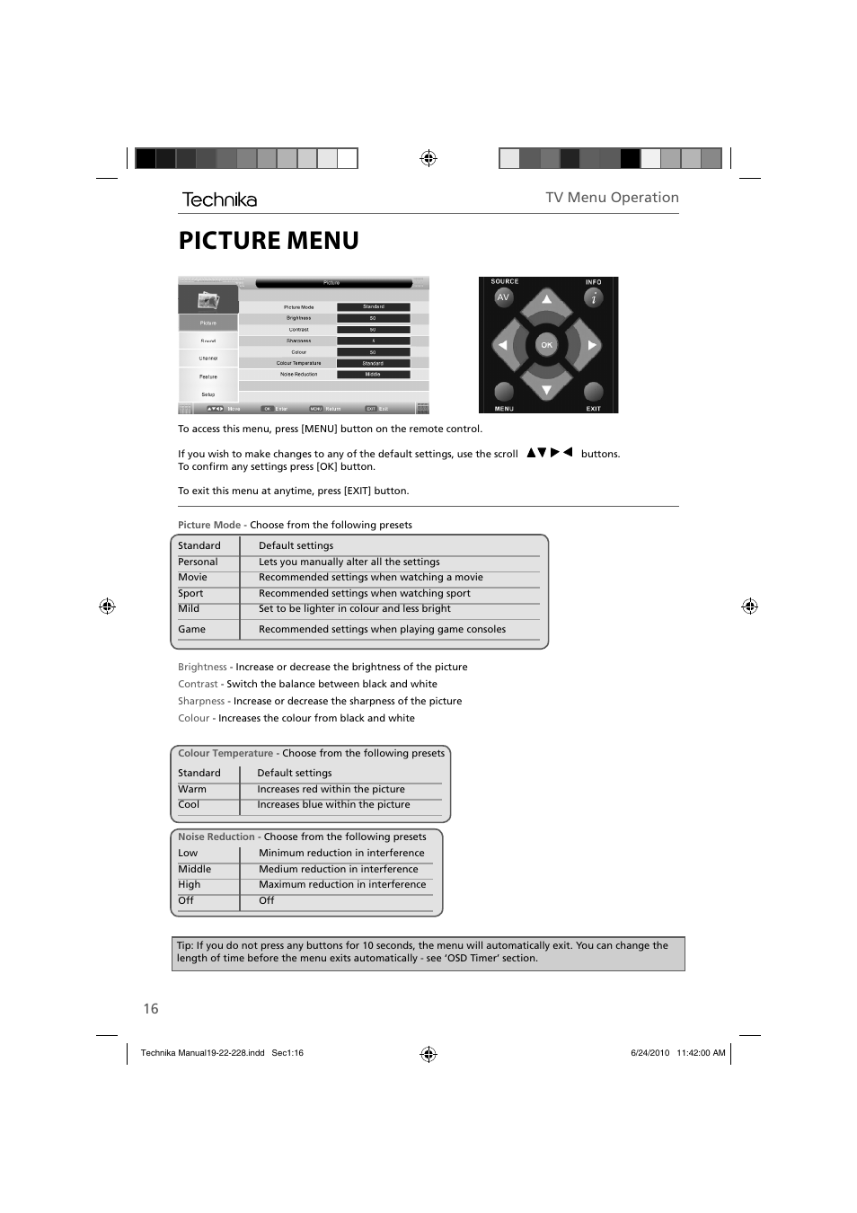 Picture menu, Tv menu operation | Technika 22-228 User Manual | Page 16 / 32