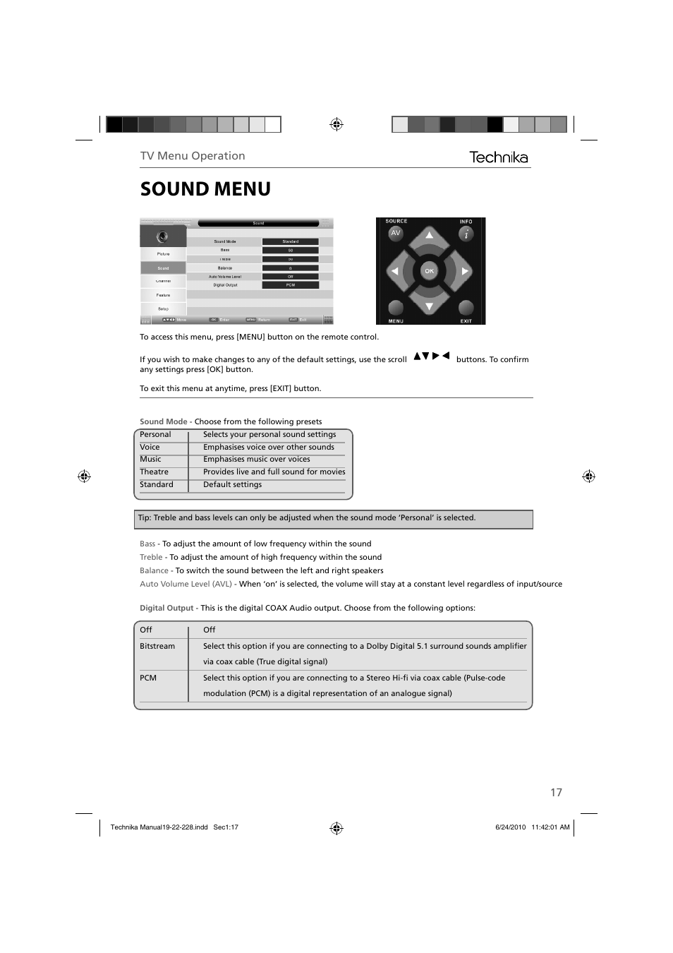 Sound menu, Tv menu operation | Technika 22-228 User Manual | Page 17 / 32