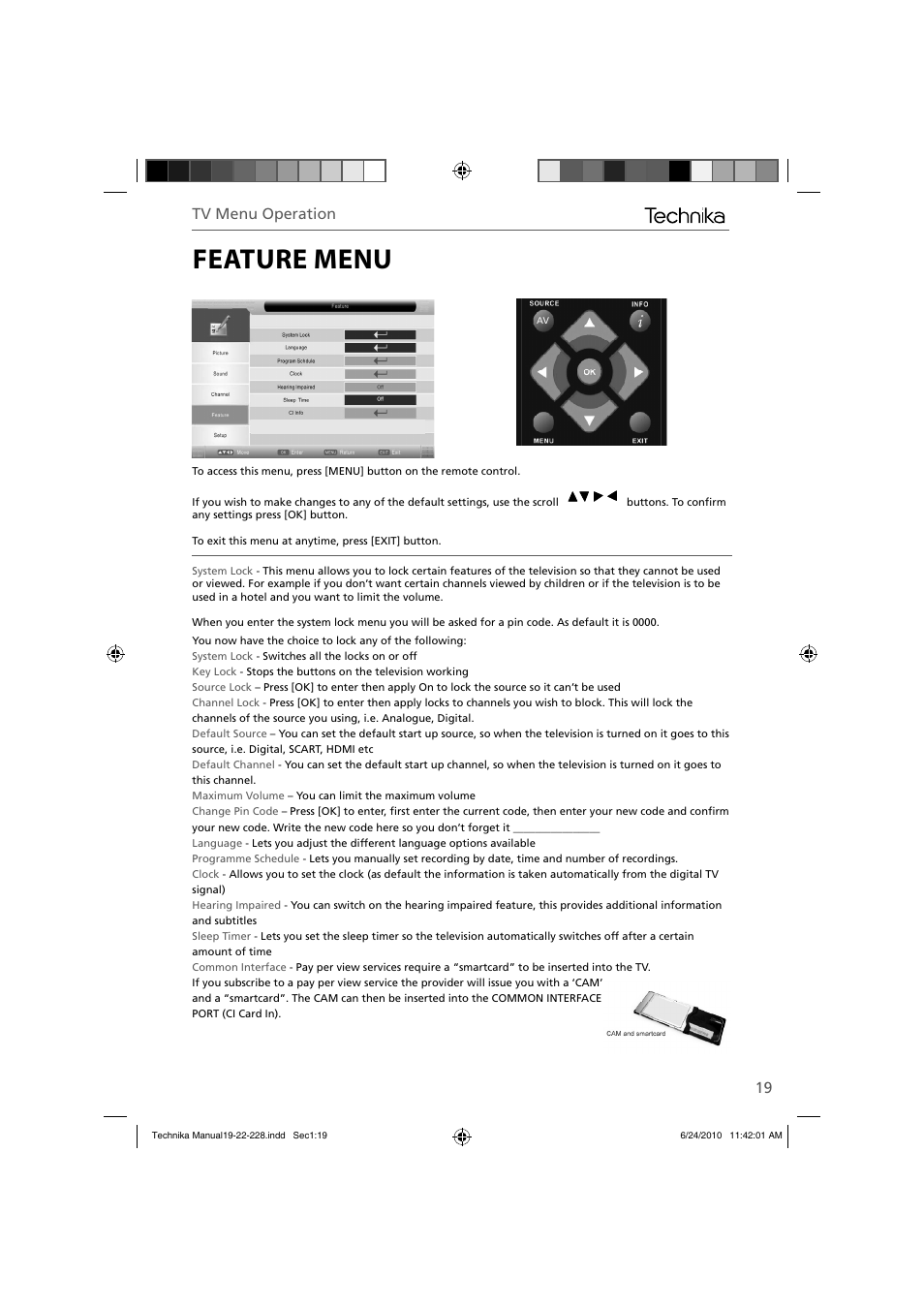 Feature menu, Tv menu operation | Technika 22-228 User Manual | Page 19 / 32