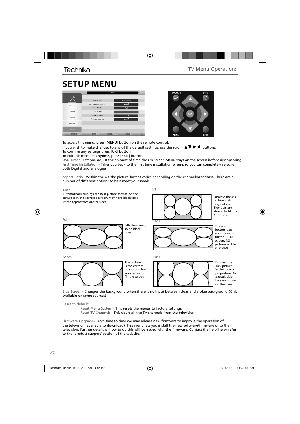 Setup menu, Tv menu operations | Technika 22-228 User Manual | Page 20 / 32