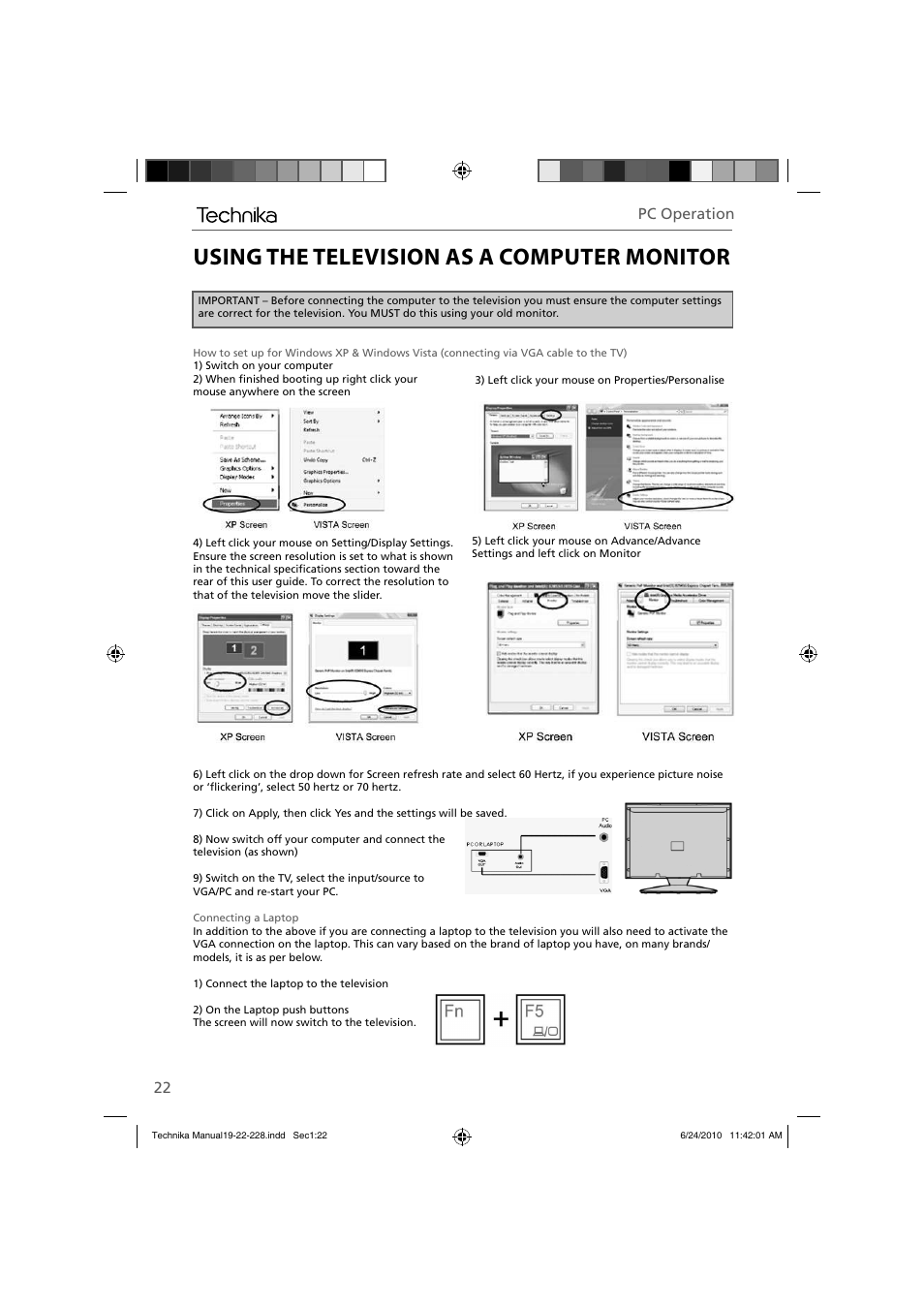 Using the television as a computer monitor, Pc operation | Technika 22-228 User Manual | Page 22 / 32