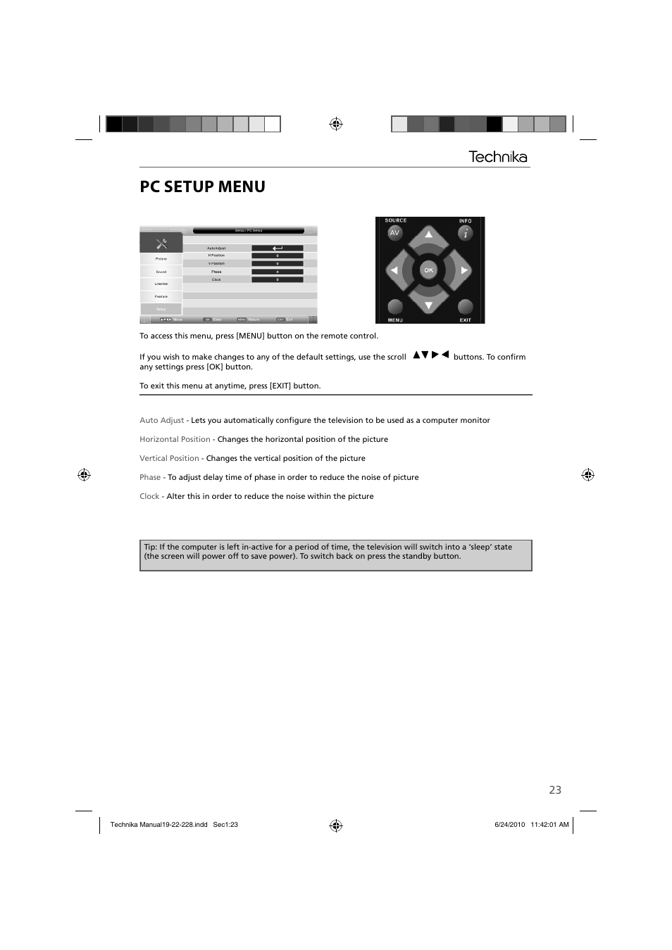 Pc setup menu | Technika 22-228 User Manual | Page 23 / 32