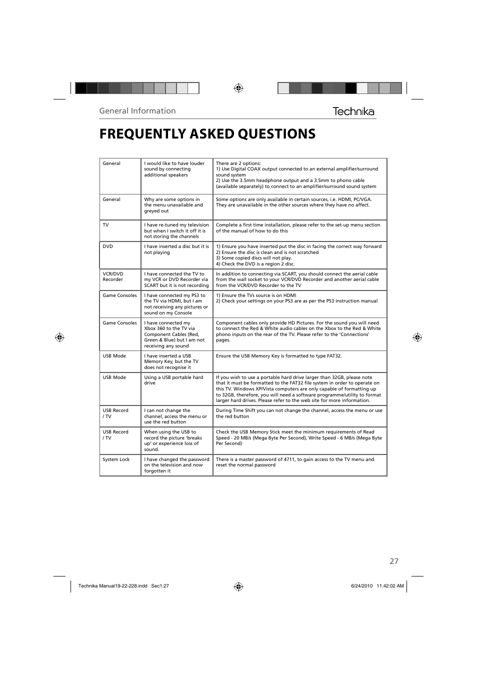 Frequently asked questions, General information | Technika 22-228 User Manual | Page 27 / 32