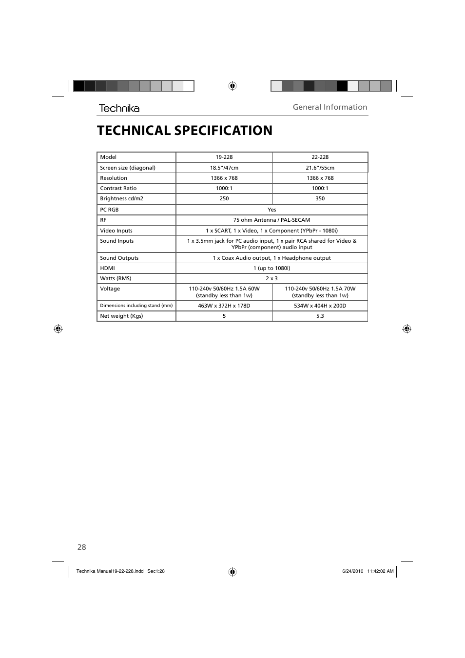 Technical specification, General information | Technika 22-228 User Manual | Page 28 / 32