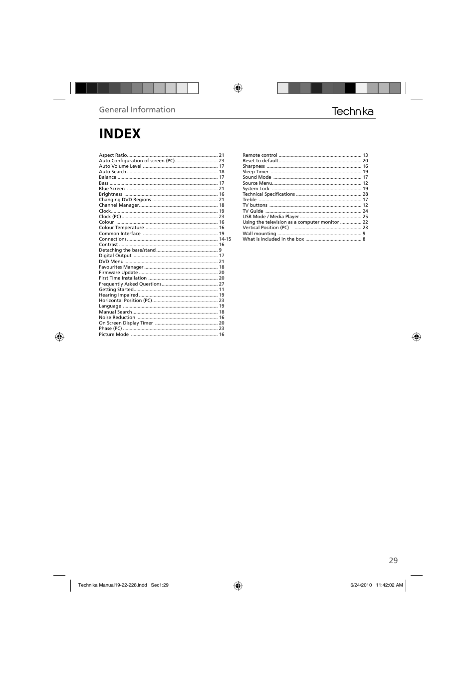 Index | Technika 22-228 User Manual | Page 29 / 32