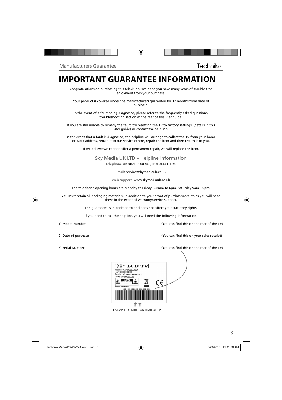 Important guarantee information, Sky media uk ltd – helpline information, Manufacturers guarantee | Technika 22-228 User Manual | Page 3 / 32