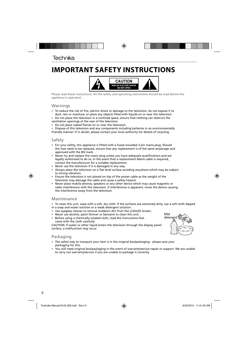 Important safety instructions, Warnings, Safety | Maintenance, Packaging | Technika 22-228 User Manual | Page 4 / 32