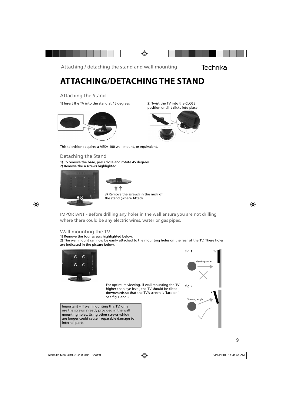 Attaching/detaching the stand, Attaching the stand, Detaching the stand | Wall mounting the tv, Attaching / detaching the stand and wall mounting | Technika 22-228 User Manual | Page 9 / 32