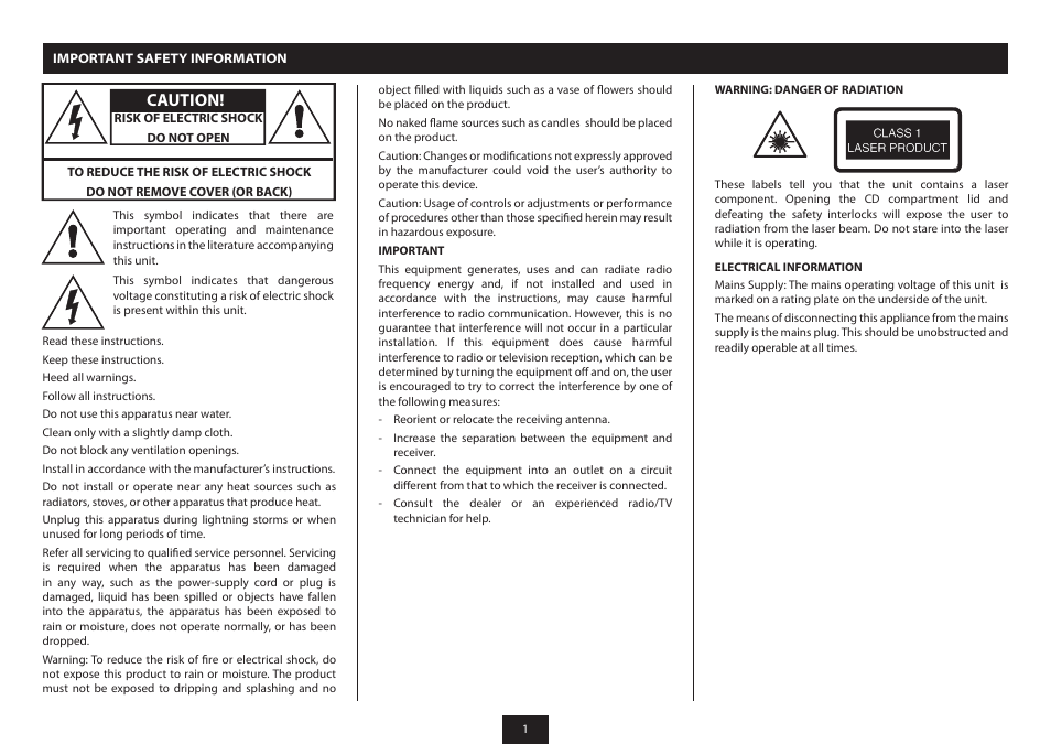 Caution | Technika BRSS10 User Manual | Page 3 / 36