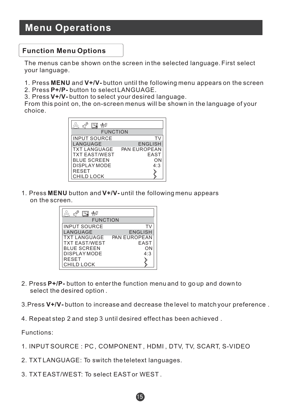 Menu operations | Technika LCD 19 HDID-407W User Manual | Page 17 / 31