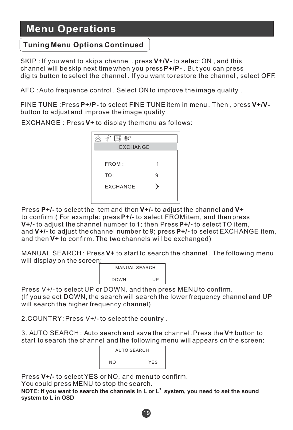 Menu operations, Tuning menu options continued | Technika LCD 19 HDID-407W User Manual | Page 21 / 31