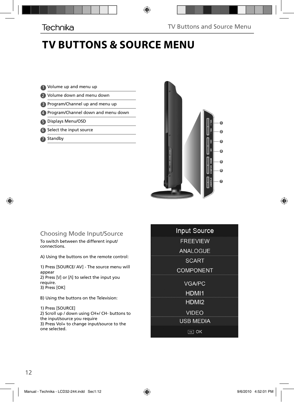 Tv buttons & source menu, Choosing mode input/source, Tv buttons and source menu | Technika LCD 32-244 User Manual | Page 11 / 31