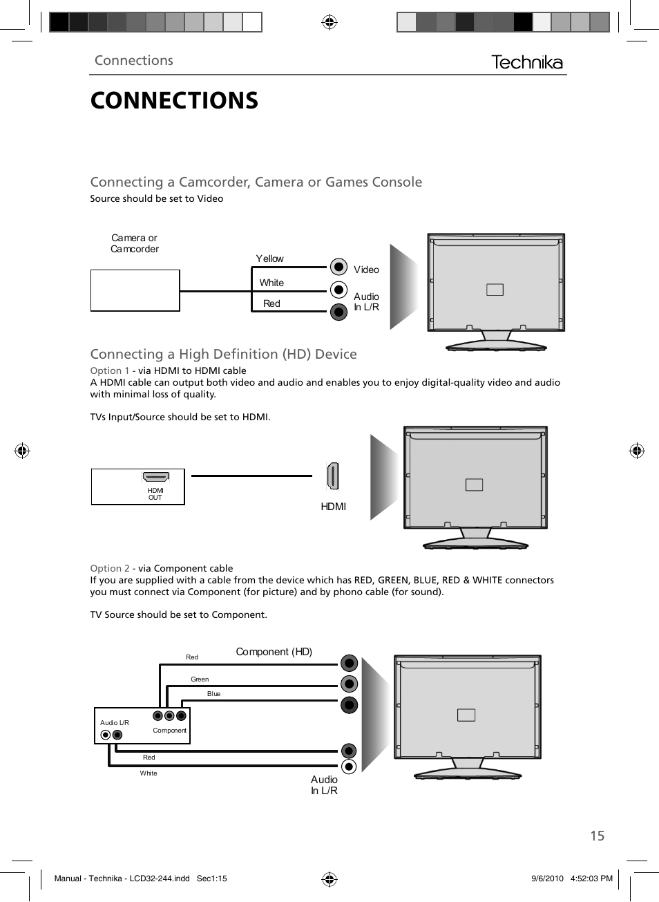 Connections, Connecting a camcorder, camera or games console, Connecting a high deﬁ nition (hd) device | Technika LCD 32-244 User Manual | Page 14 / 31