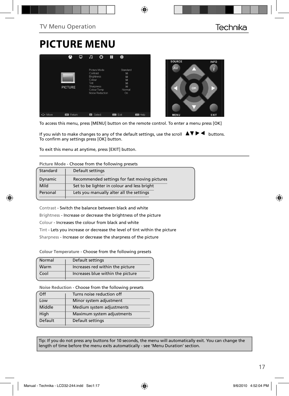 Picture menu, 17 tv menu operation | Technika LCD 32-244 User Manual | Page 16 / 31