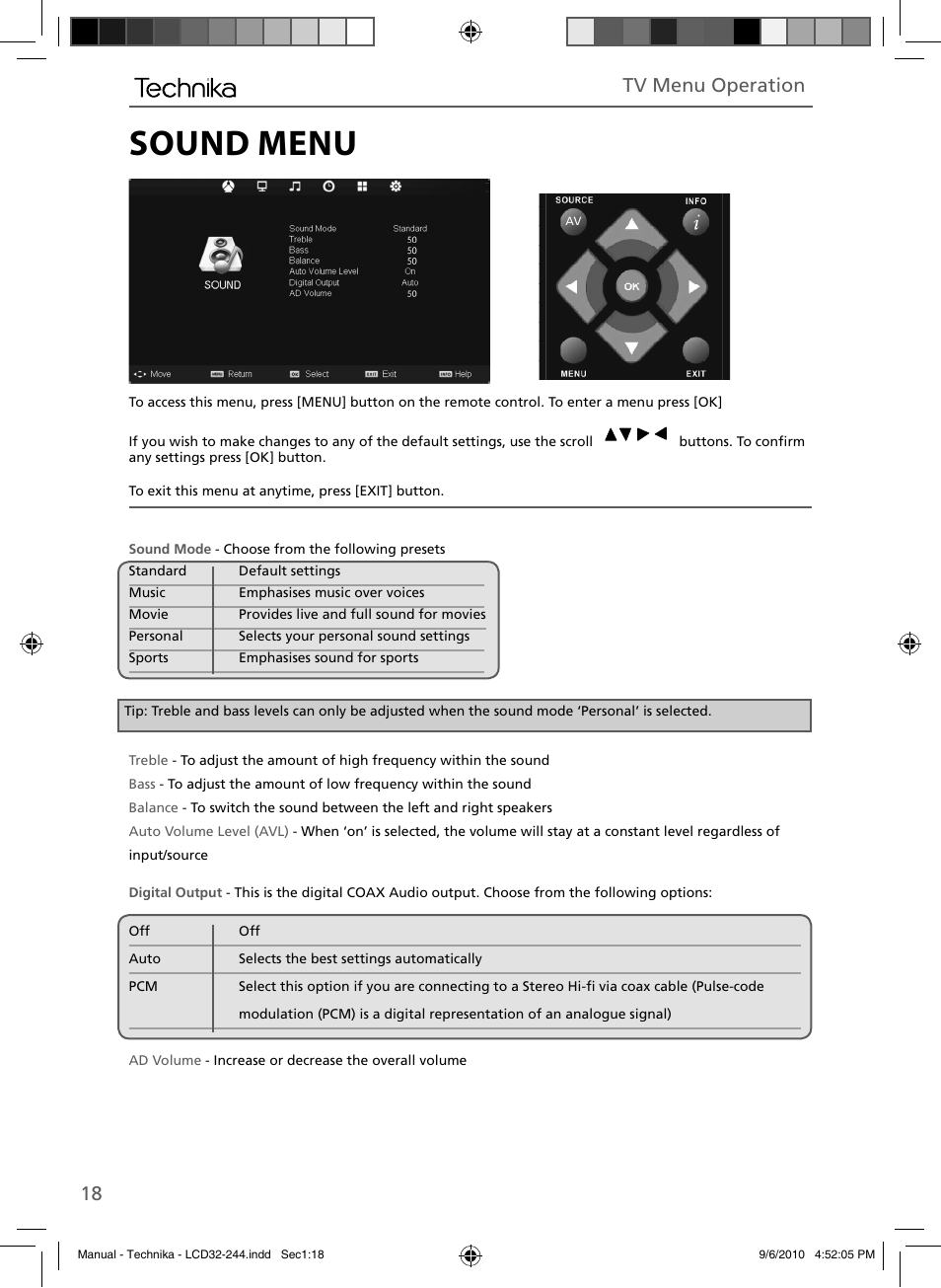 Sound menu, 18 tv menu operation | Technika LCD 32-244 User Manual | Page 17 / 31